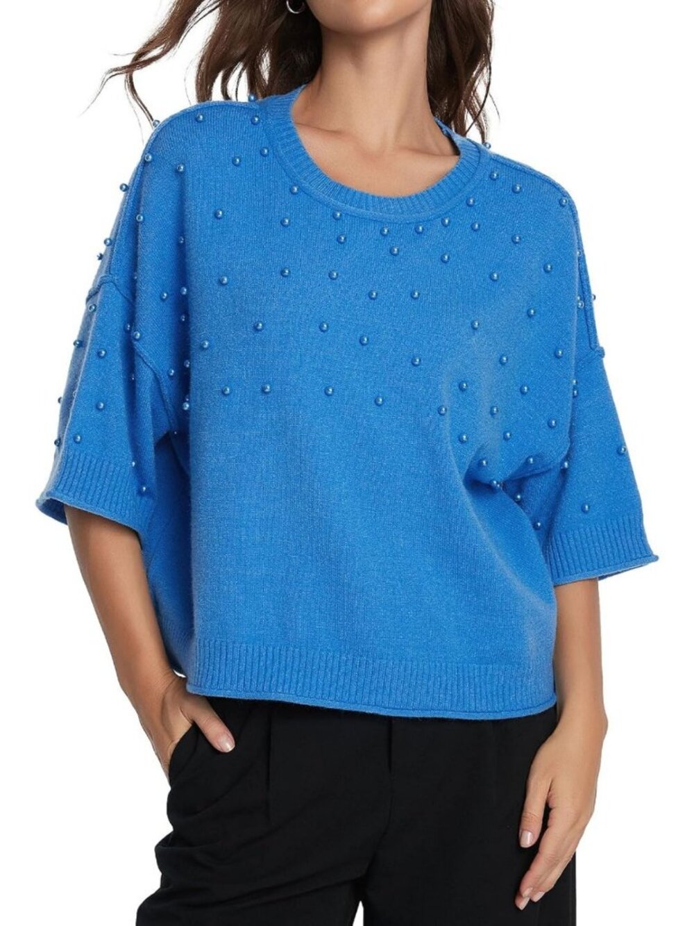 Chic Beaded Short Sleeve Knit Sweater - Crew Neck Rib Trim Pullover Top